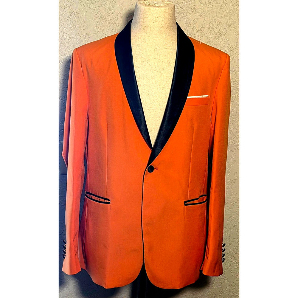 Barry Wang Velvet Blazer Mens Medium Orange Black Lapel Tuxedo Sport Coat